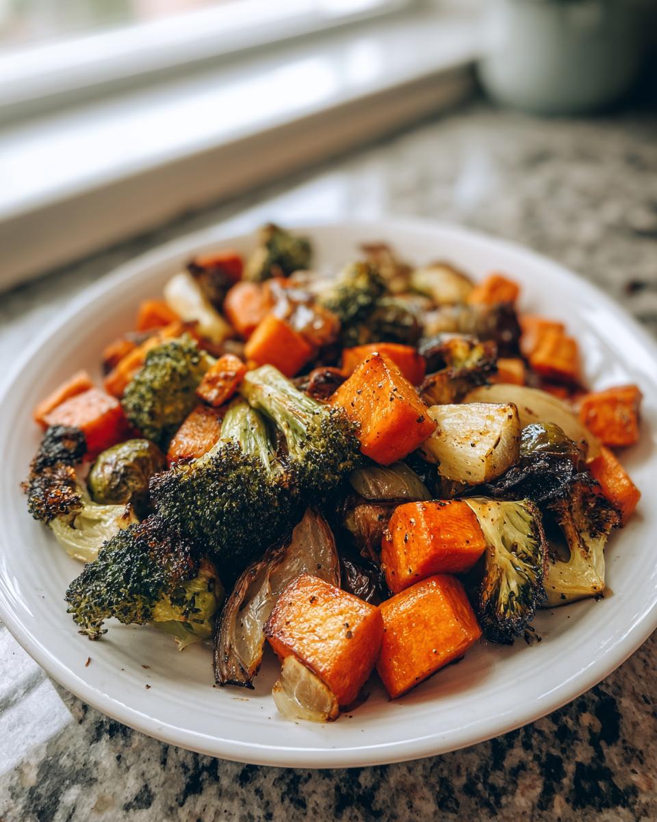 A close-up of perfectly caramelized roasted vegetables, including sweet potatoes, broccoli, and onions, seasoned with pepper.