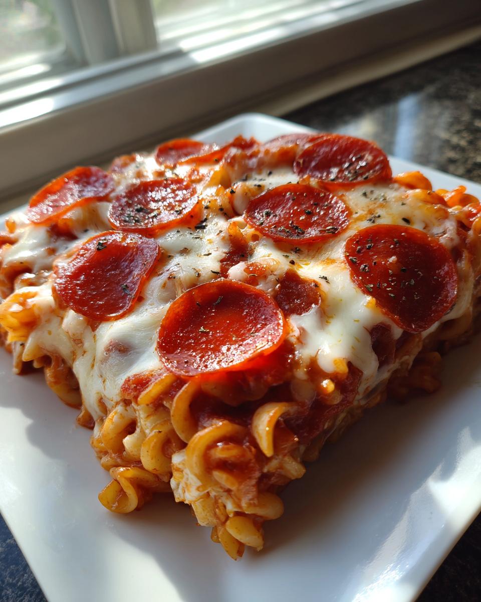 A close-up slice of cheesy pizza pasta bake topped with melted mozzarella and pepperoni slices.
