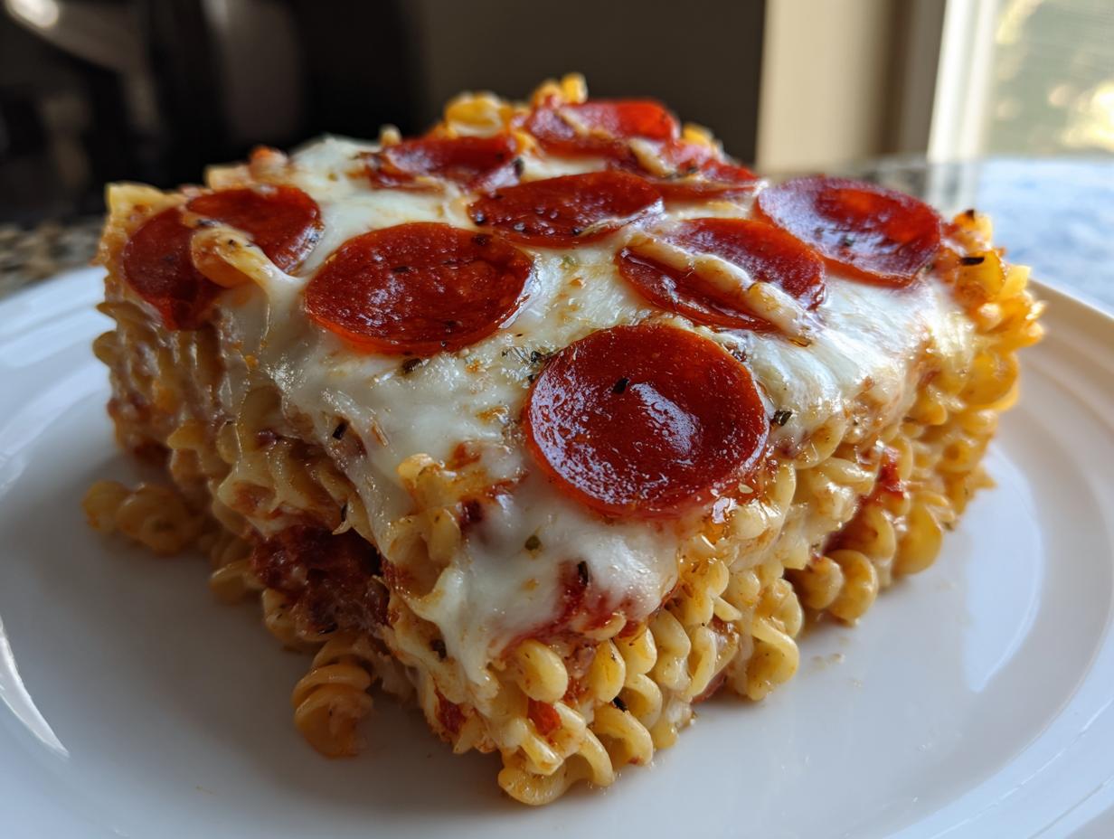 A close-up of a square slice of pizza pasta bake topped with melted mozzarella and pepperoni slices.