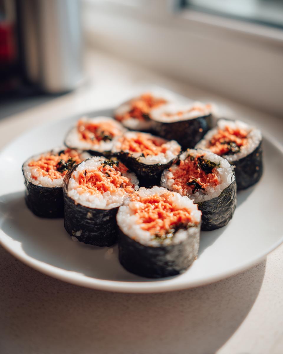 A plate featuring several slices of homemade tuna kimbap, showing the bright orange tuna filling surrounded by white rice and dark seaweed.
