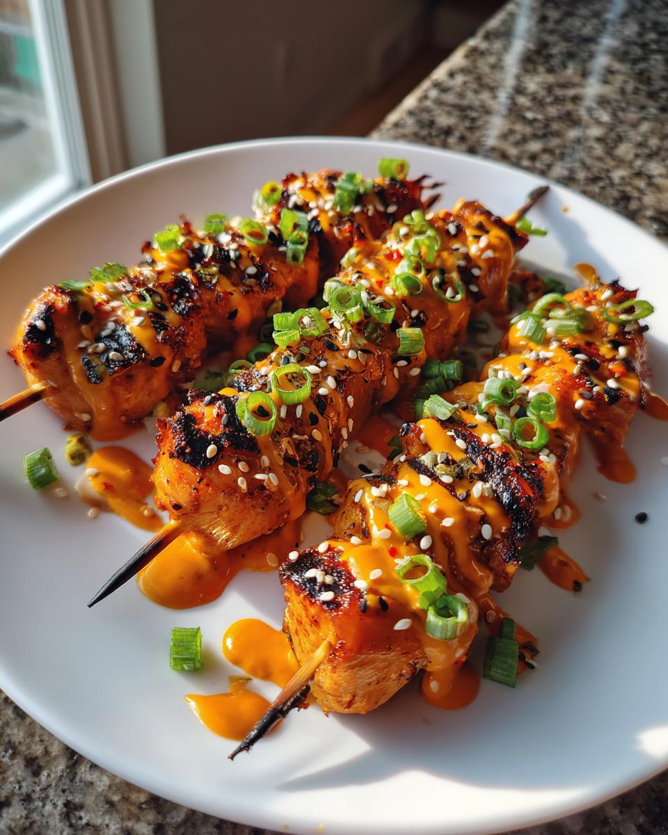 Close-up of grilled bang bang chicken skewers drizzled with orange sauce, topped with sesame seeds and chopped green onions.