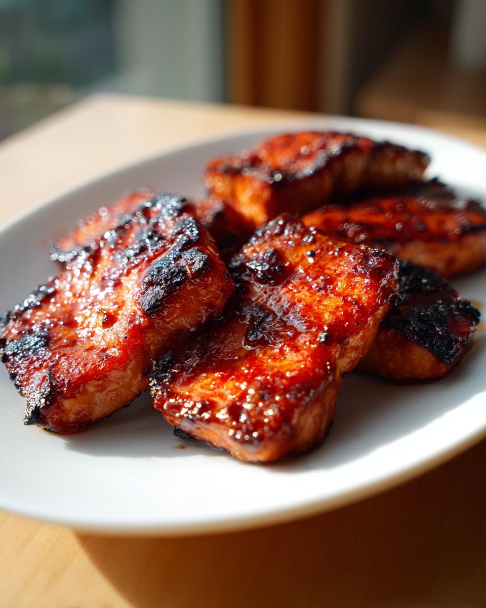 Close-up of glazed, caramelized pork chops coated in rich homemade teriyaki sauce on a white plate.