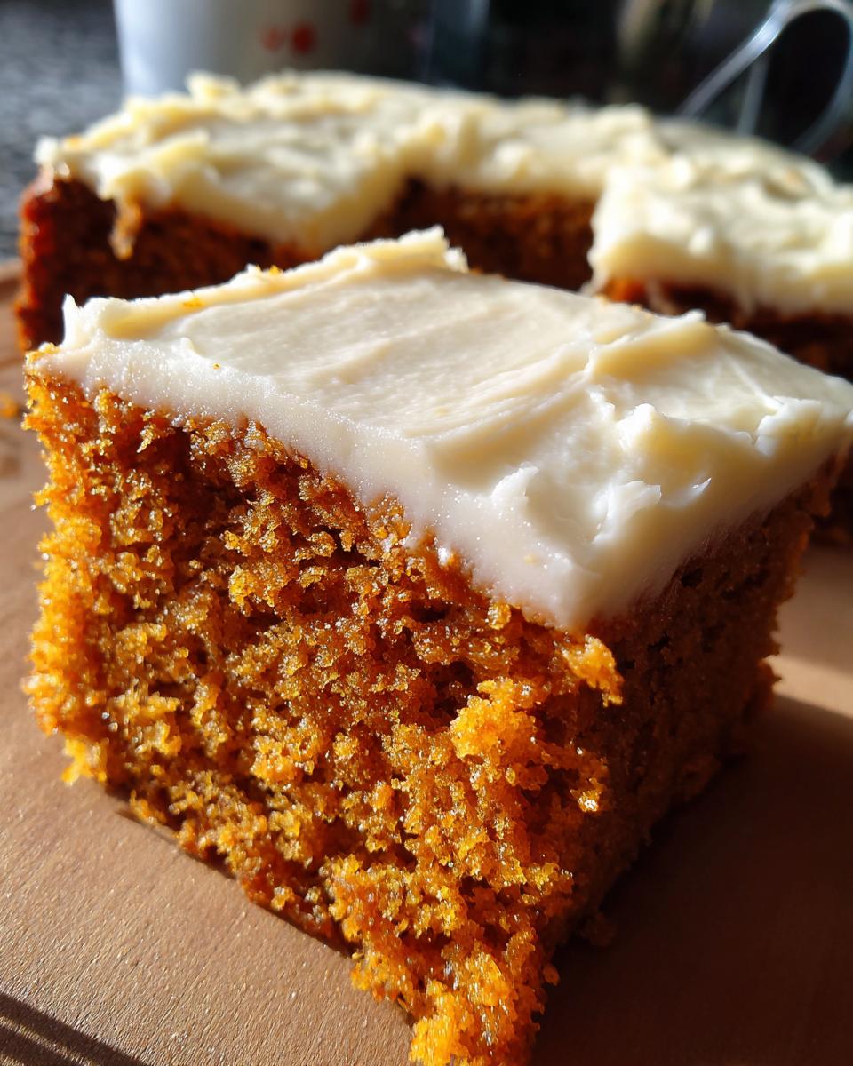 A close-up shot of a moist square of pumpkin bars with cream cheese frosting.