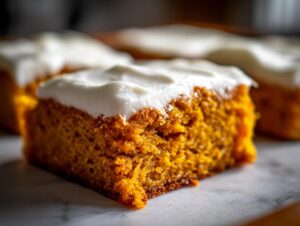 A close-up shot showing the moist texture of one of the pumpkin bars with thick cream cheese frosting.