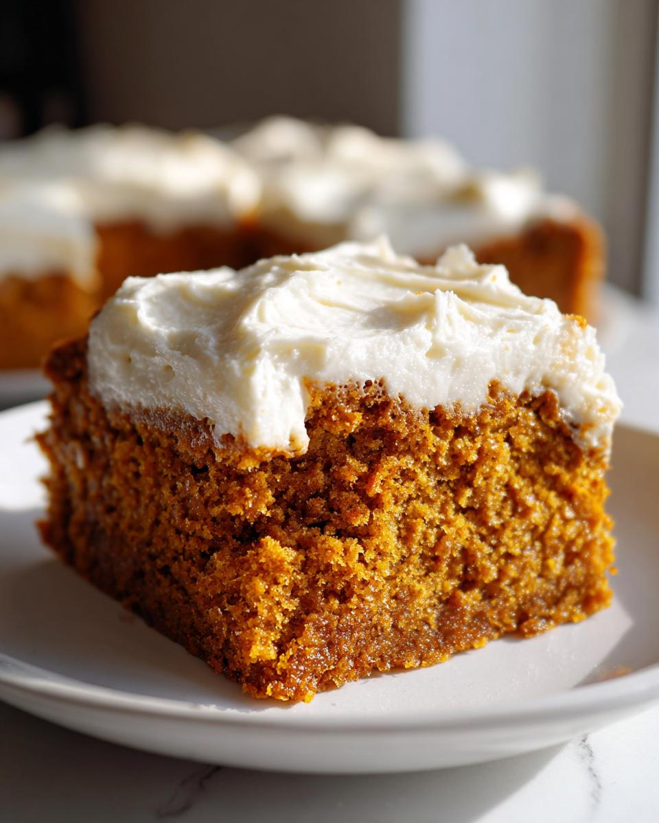Close-up of a moist, orange-colored slice of pumpkin bars with thick cream cheese frosting on a white plate.
