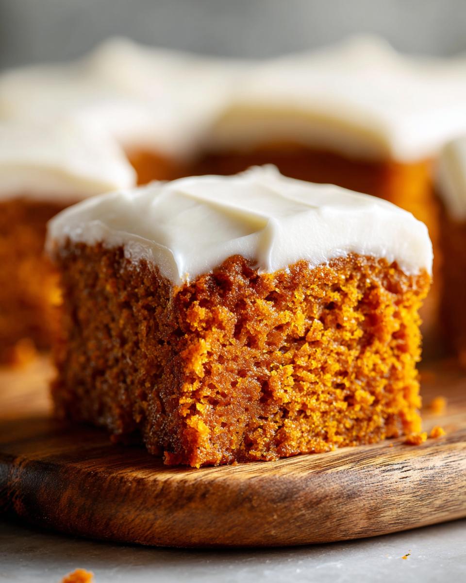 A close-up shot of a single square of moist pumpkin bars with cream cheese frosting on a wooden board.