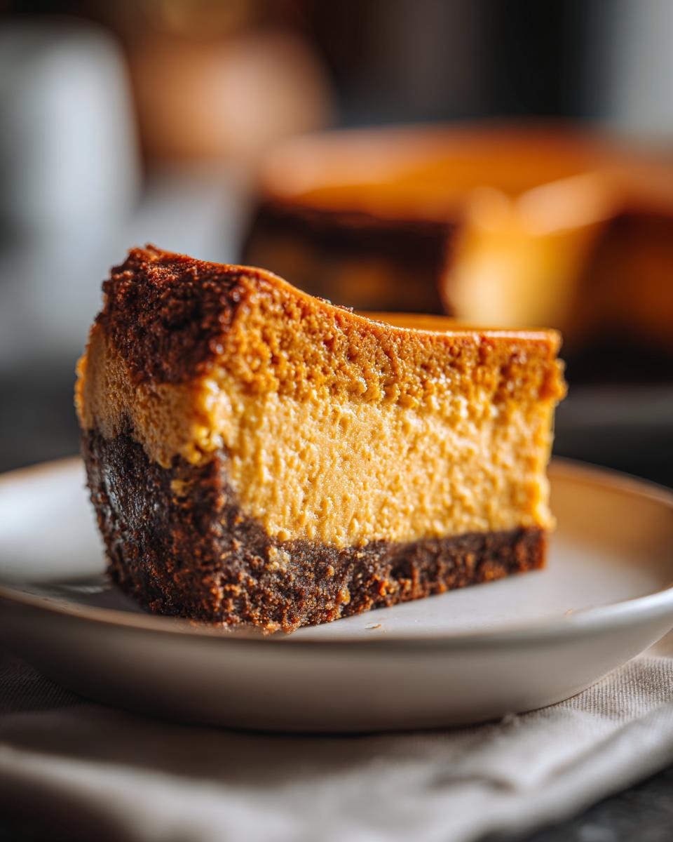 Close-up of a thick slice of pumpkin cheesecake featuring a vibrant orange filling and a dark chocolate crust.