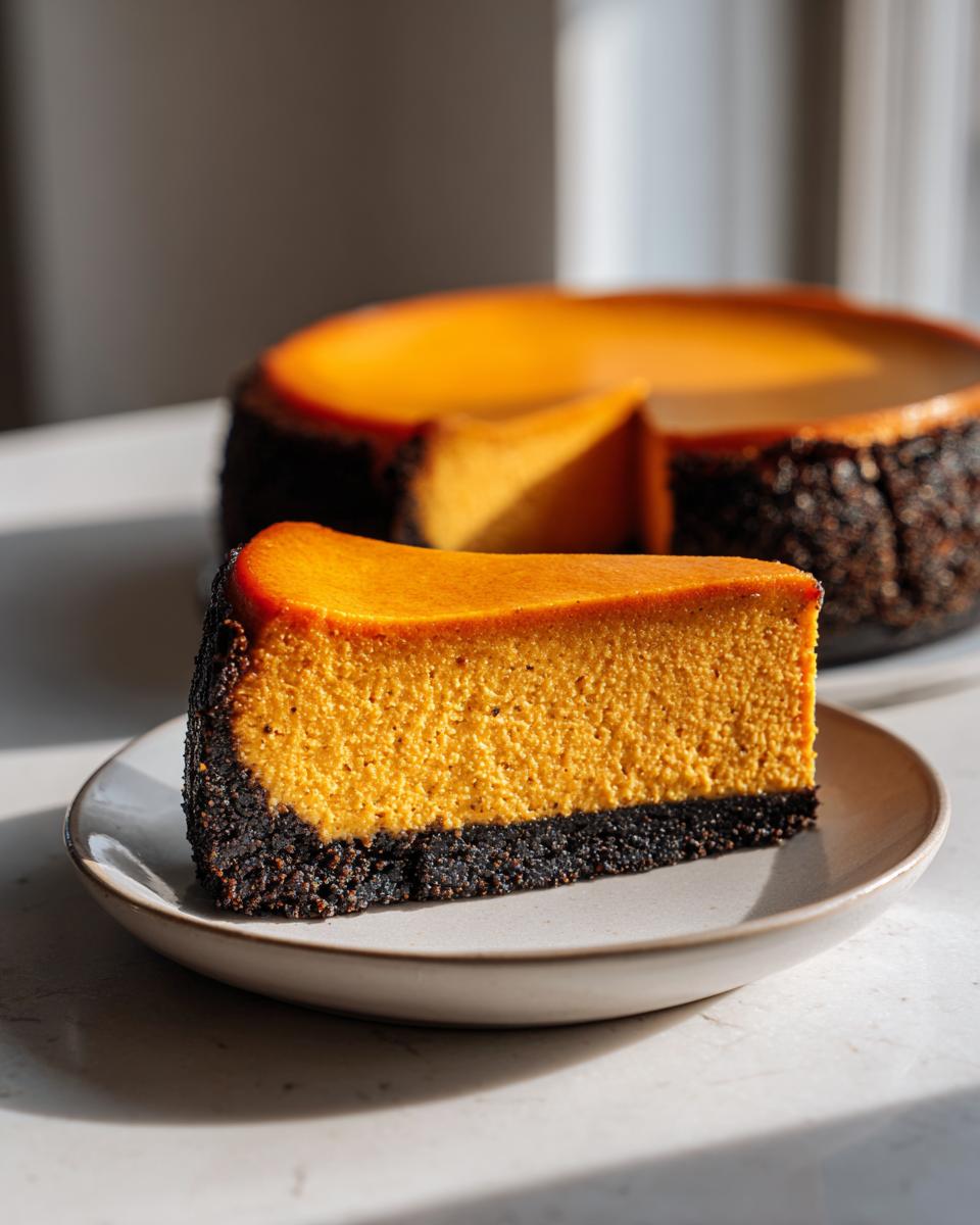 A thick slice of vibrant orange pumpkin cheesecake with a dark chocolate crust on a small plate.