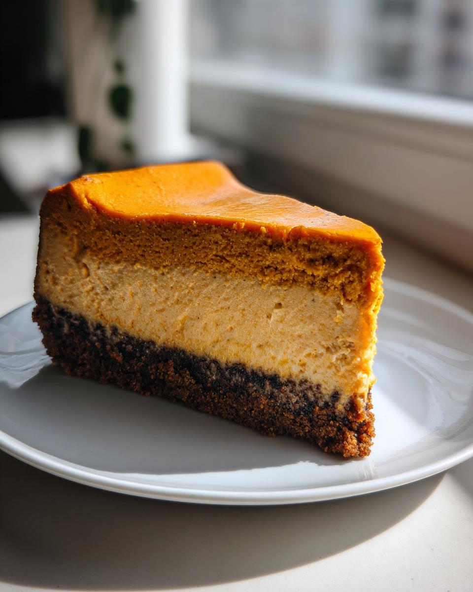 A perfect slice of layered pumpkin cheesecake with a dark chocolate crust on a white plate.