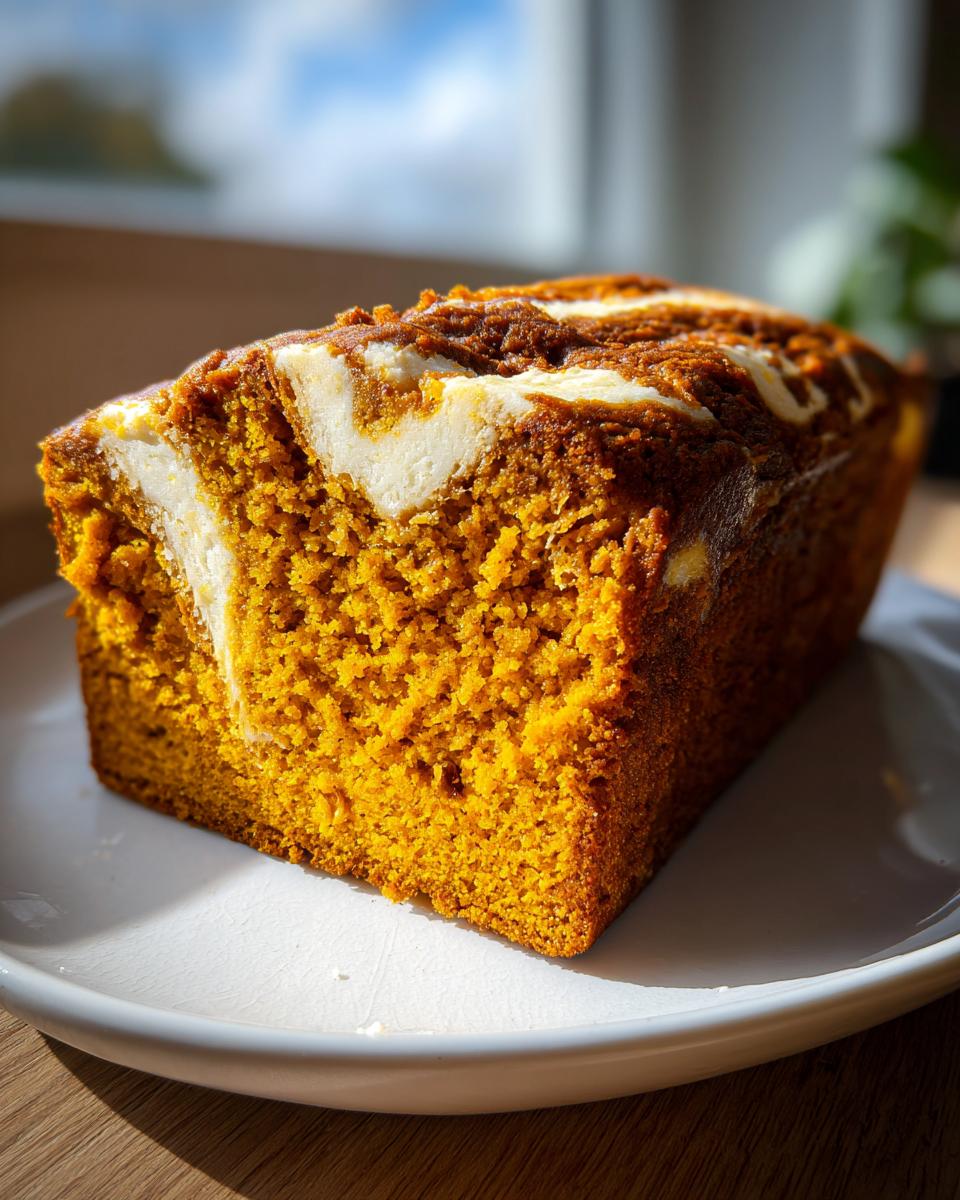 A close-up of a freshly baked pumpkin cream cheese bread loaf with a visible cream cheese swirl, sitting on a white plate.