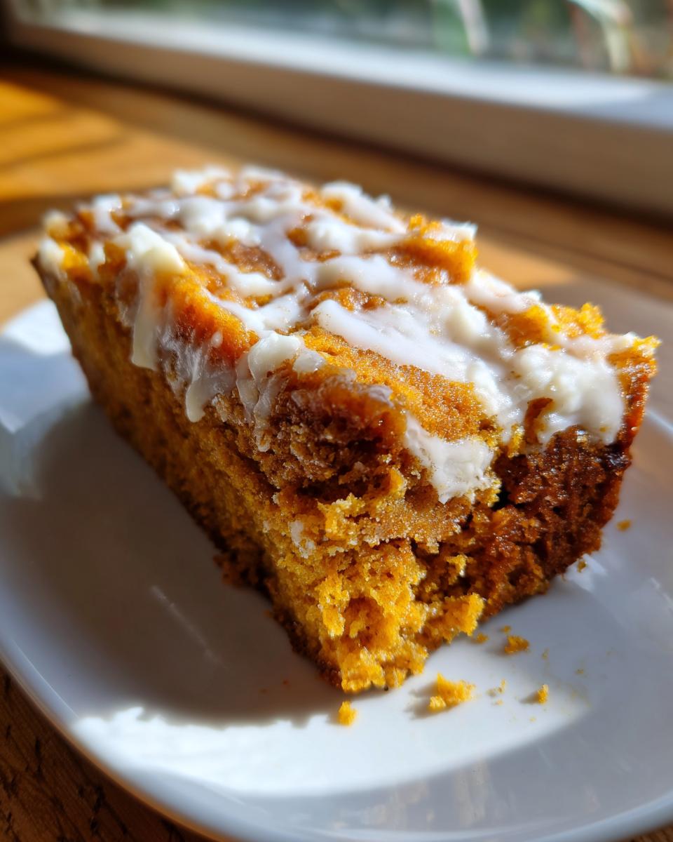 A moist slice of pumpkin cream cheese bread topped with a white cream cheese drizzle, sitting on a white plate.