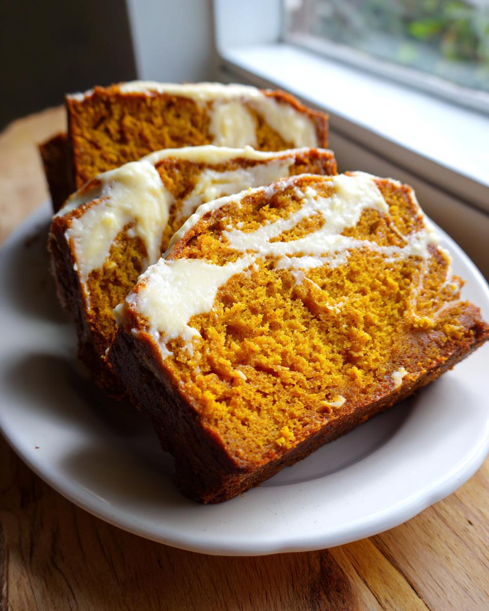 Three thick slices of moist pumpkin cream cheese bread topped with a white cream cheese swirl, served on a white plate.