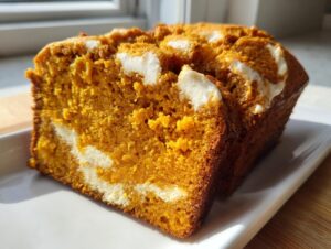 Close-up of two slices of moist pumpkin cream cheese bread showing the bright orange crumb and white cream cheese swirls.