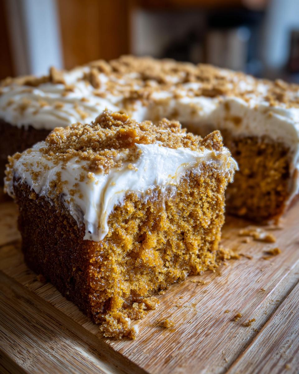 A close-up slice of moist pumpkin poke cake topped with thick white frosting and brown sugar crumble.