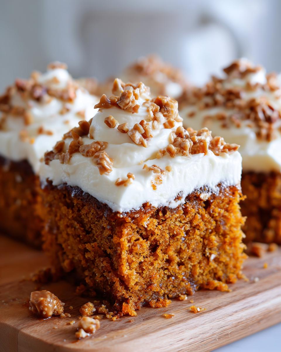 Close-up of a moist slice of pumpkin poke cake topped with white frosting and crunchy toffee bits.