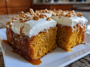 Two moist slices of pumpkin poke cake topped with white frosting, caramel drizzle, and chopped nuts.