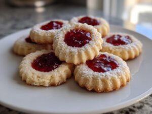 A stack of freshly baked thumbprint cookies filled with bright red raspberry jam and dusted with sugar.