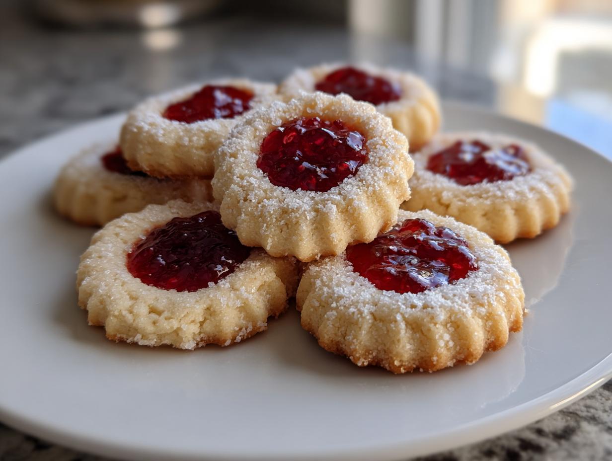A stack of freshly baked thumbprint cookies filled with bright red raspberry jam and dusted with sugar.