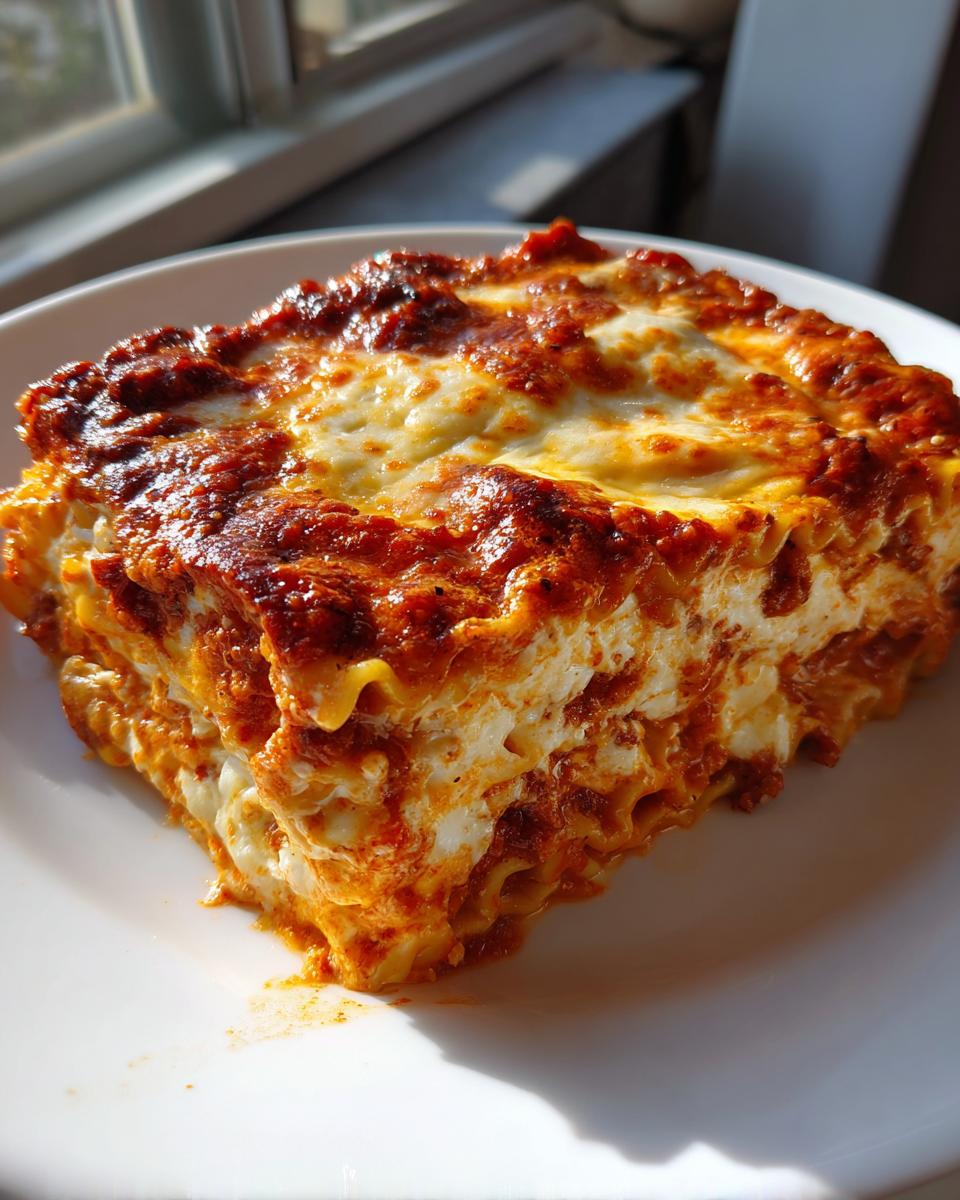 A thick, square slice of baked ravioli lasagna with bubbly cheese and rich tomato sauce.