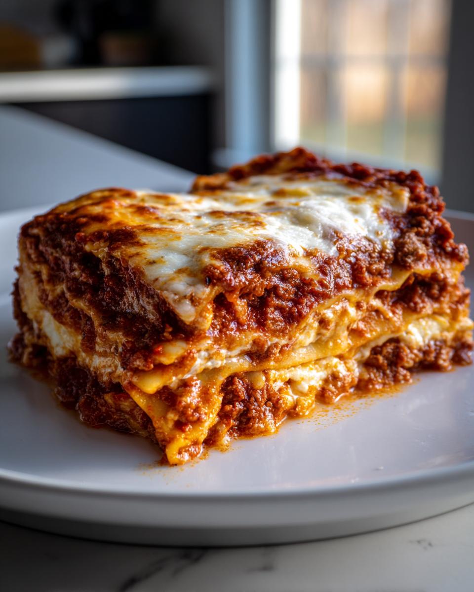 A thick, layered slice of ravioli lasagna covered in rich meat sauce and melted cheese on a white plate.