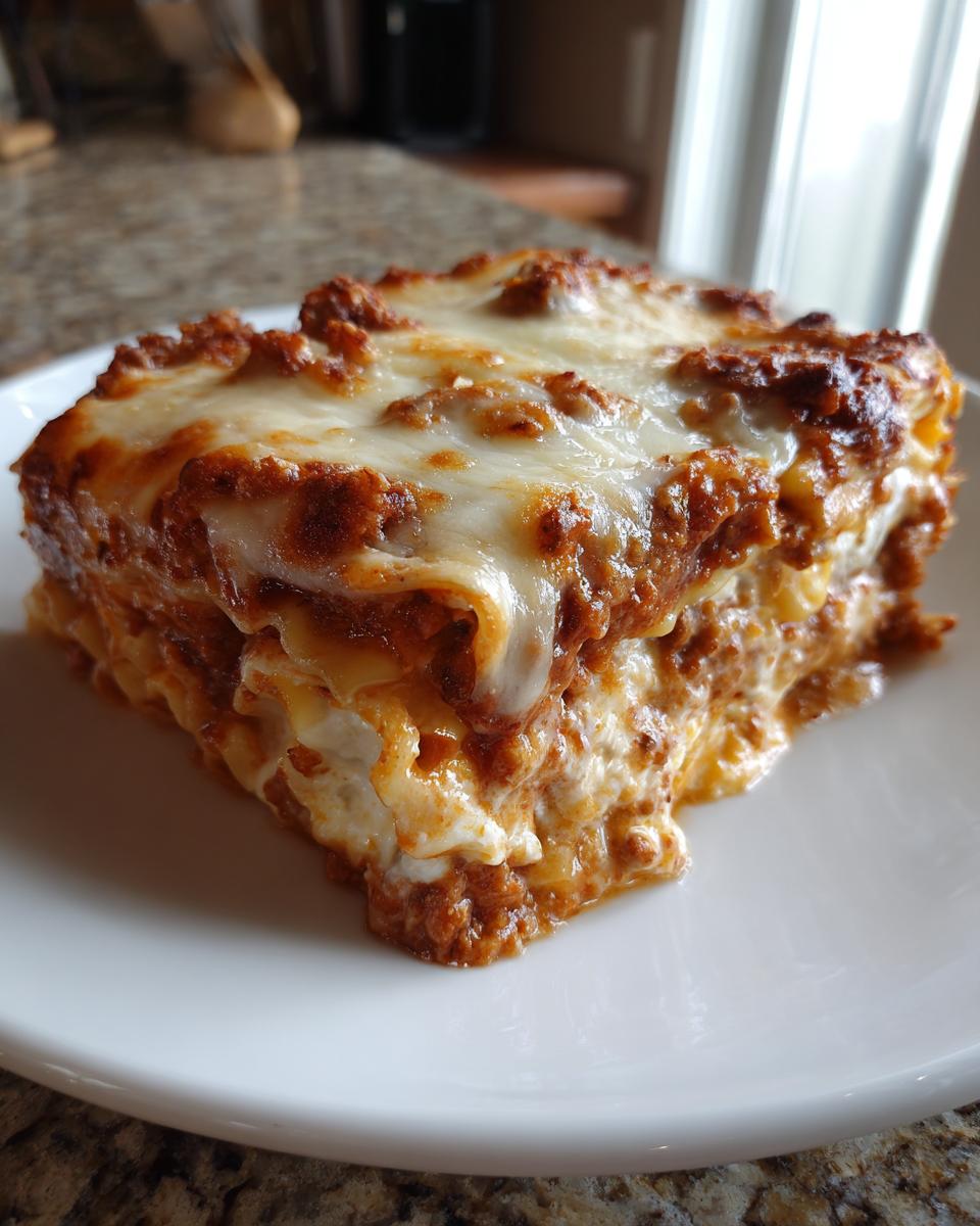 A generous square slice of baked ravioli lasagna topped with bubbly, melted mozzarella cheese and rich meat sauce.