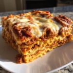 A thick, layered slice of baked ravioli lasagna topped with rich meat sauce and bubbly melted mozzarella cheese.