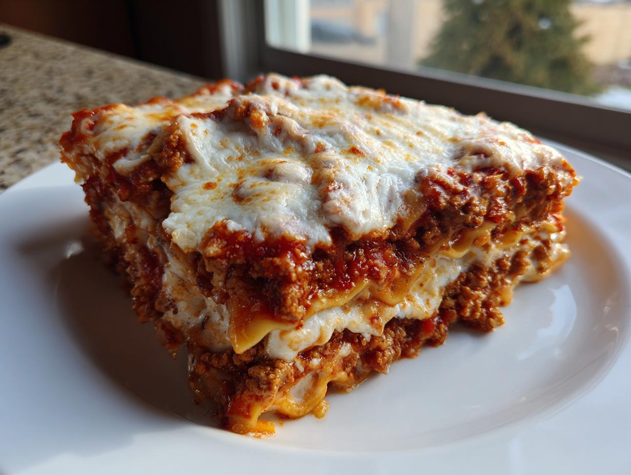 A generous slice of homemade ravioli lasagna layered with meat sauce and topped with melted mozzarella cheese.