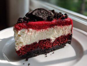 A decadent slice of red velvet cheesecake showing distinct red velvet, white cream cheese, and dark crust layers, topped with crushed Oreos.