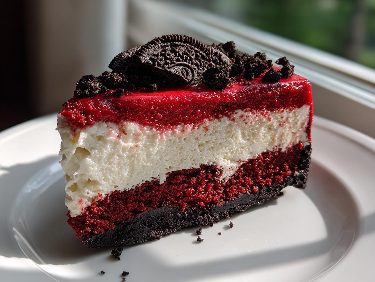 A decadent slice of red velvet cheesecake showing distinct red velvet, white cream cheese, and dark crust layers, topped with crushed Oreos.