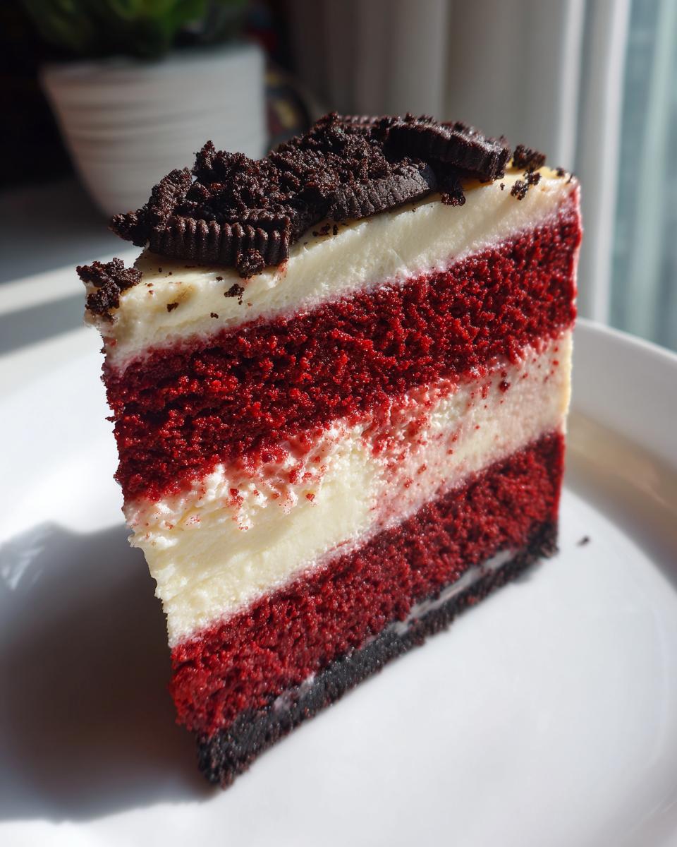 A tall, layered slice of red velvet cheesecake topped with cream cheese frosting and crushed chocolate cookies.