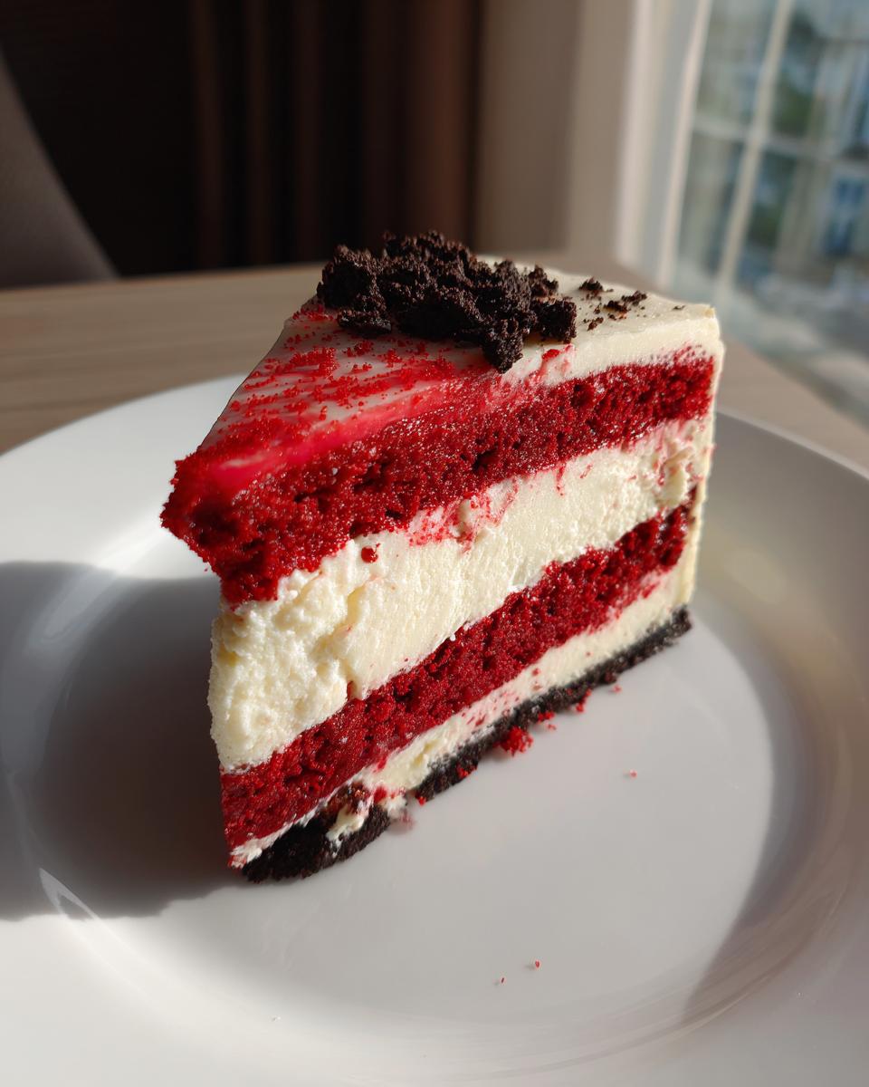 A decadent slice of red velvet cheesecake featuring alternating layers of red cake and white cream cheese filling.