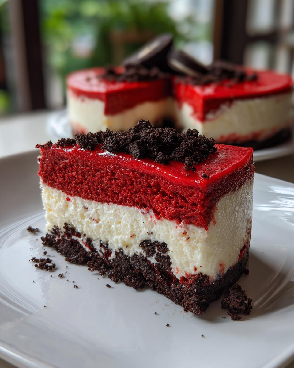A perfect slice of red velvet cheesecake showing distinct red, white, and dark crust layers, topped with cookie crumbles.