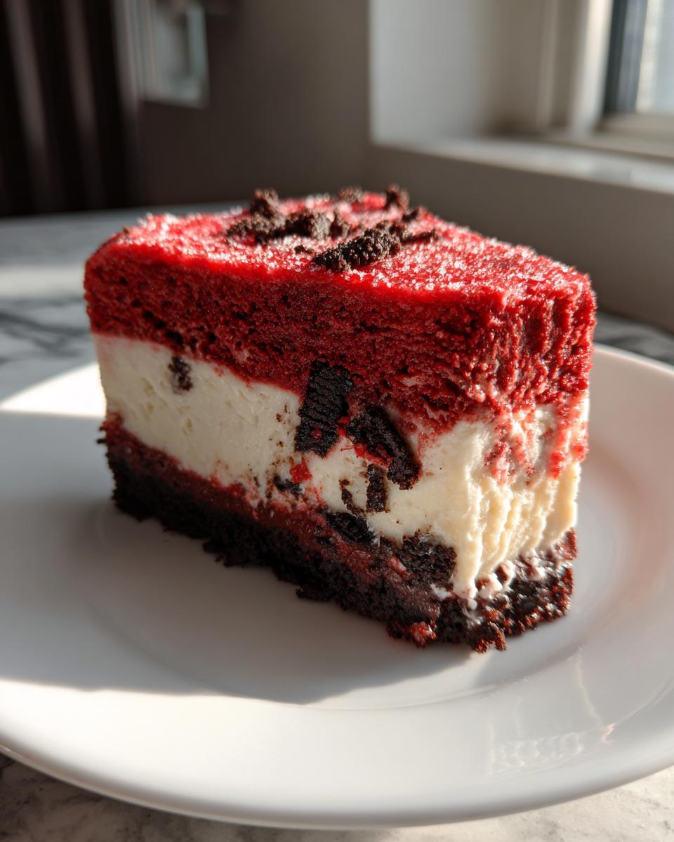 A close-up slice of red velvet cheesecake with a white cream cheese layer mixed with dark cookie pieces.