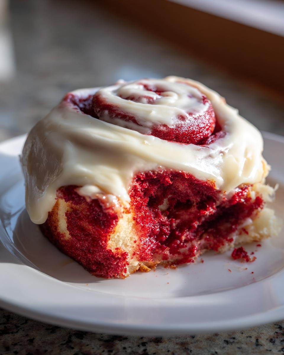 A close-up, partially eaten red velvet cinnamon roll generously topped with white cream cheese frosting, sitting on a white plate.