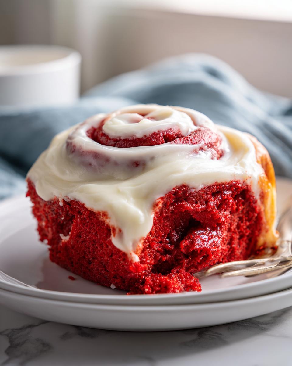 A single, vibrant red velvet cinnamon roll topped with thick cream cheese frosting, sitting on white plates.