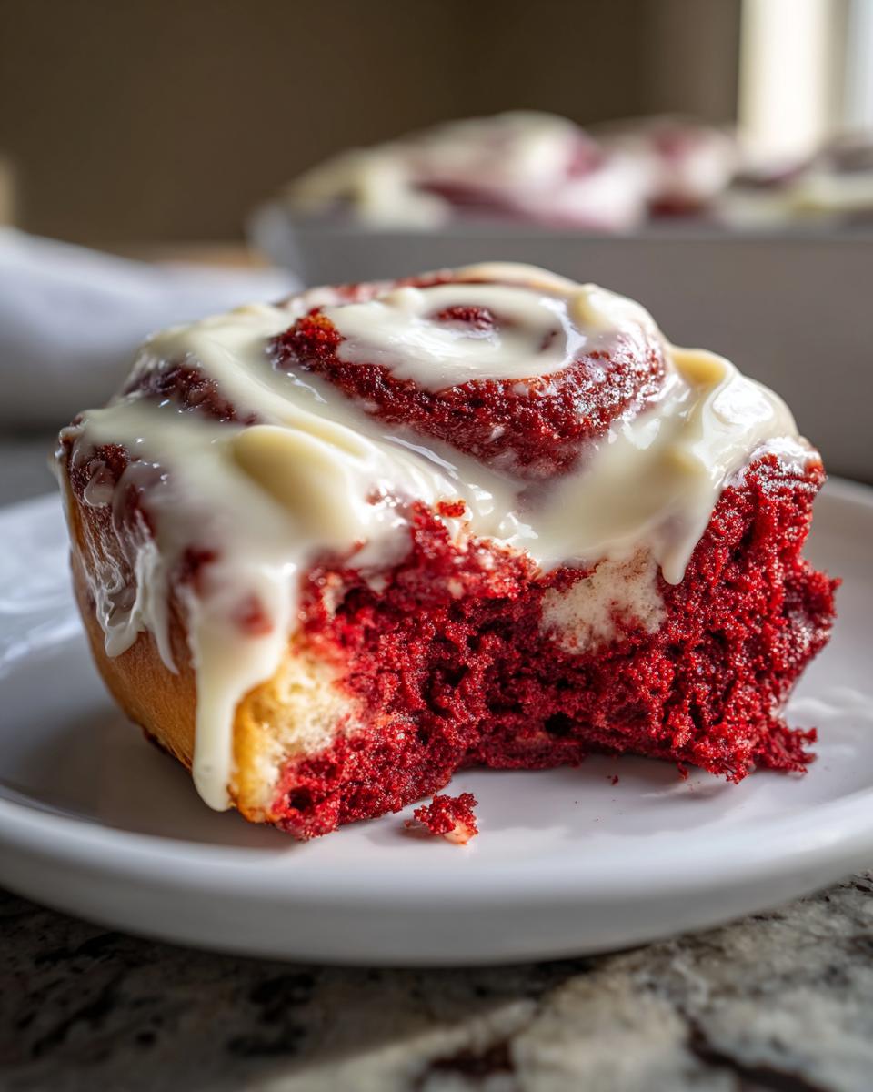 A close-up of a single, rich red velvet cinnamon rolls slice topped with thick white cream cheese frosting.