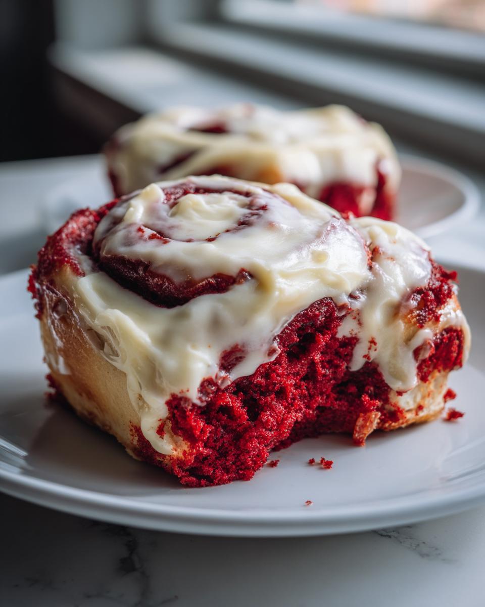 A close-up of a red velvet cinnamon rolls with a bite taken out, topped with thick cream cheese frosting.