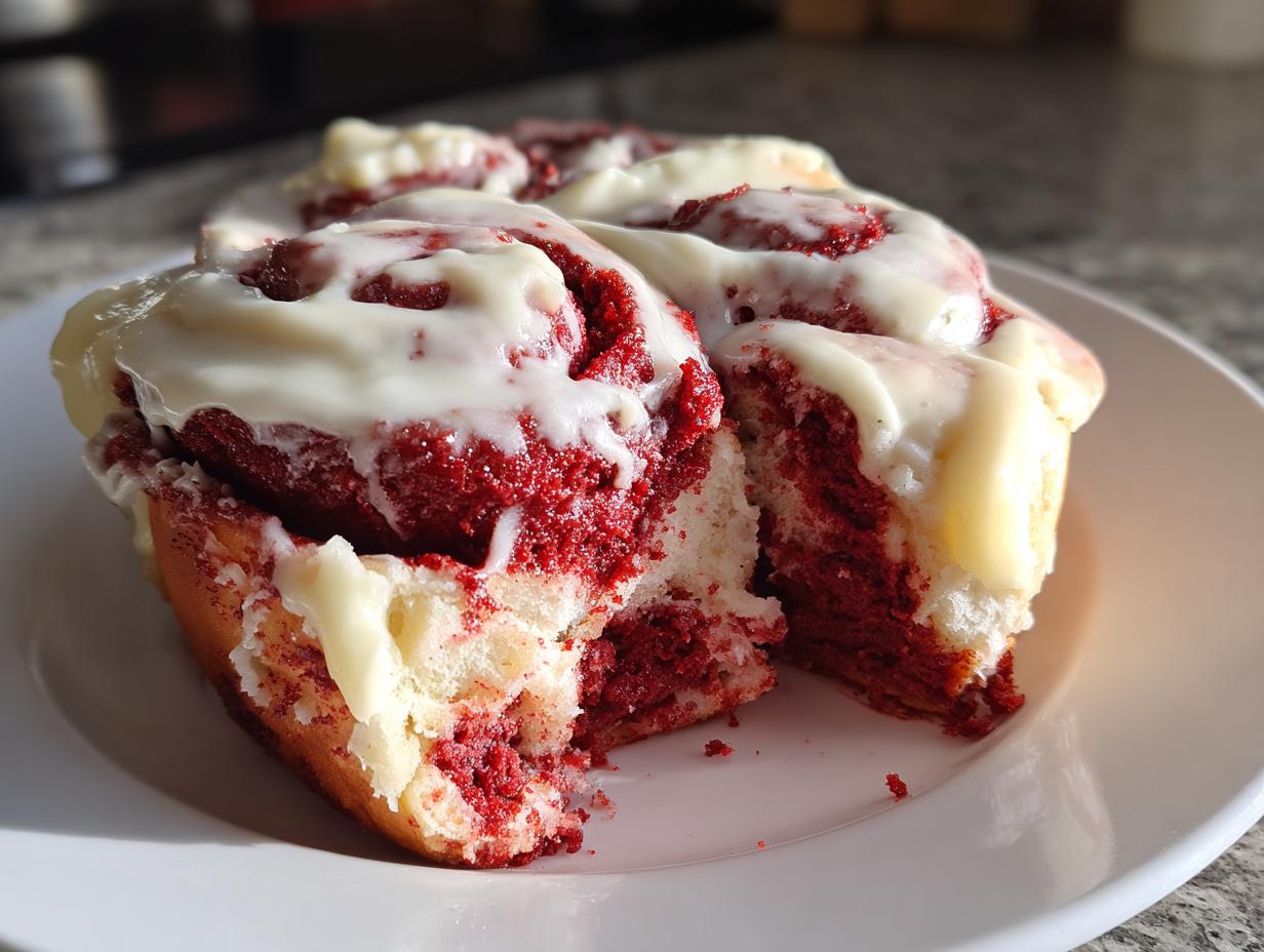 A close-up of a portion of red velvet cinnamon rolls covered in thick white cream cheese icing.