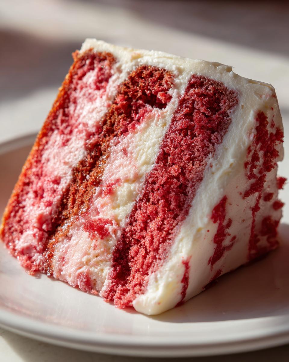 Close-up of a moist slice of red velvet strawberry cake layered with white frosting on a white plate.
