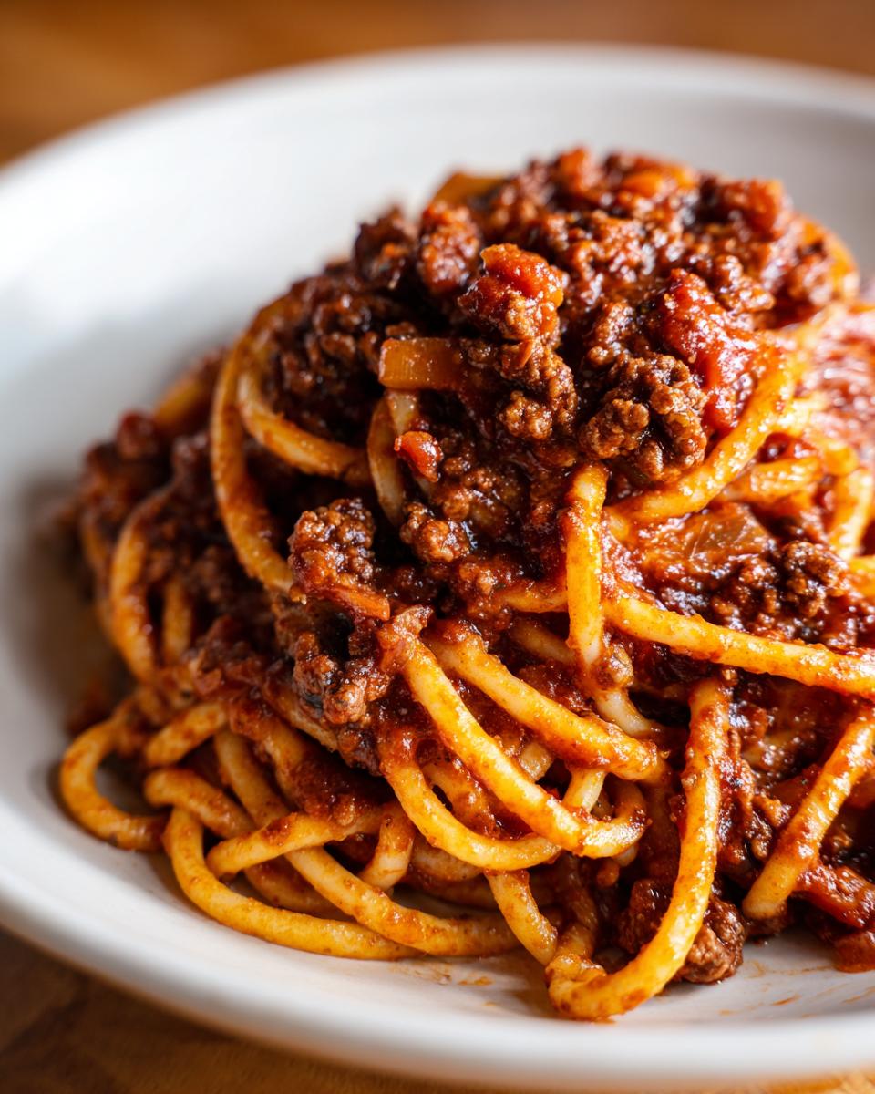 Close-up of thick, rich bolognese sauce generously coating a mound of spaghetti on a white plate.