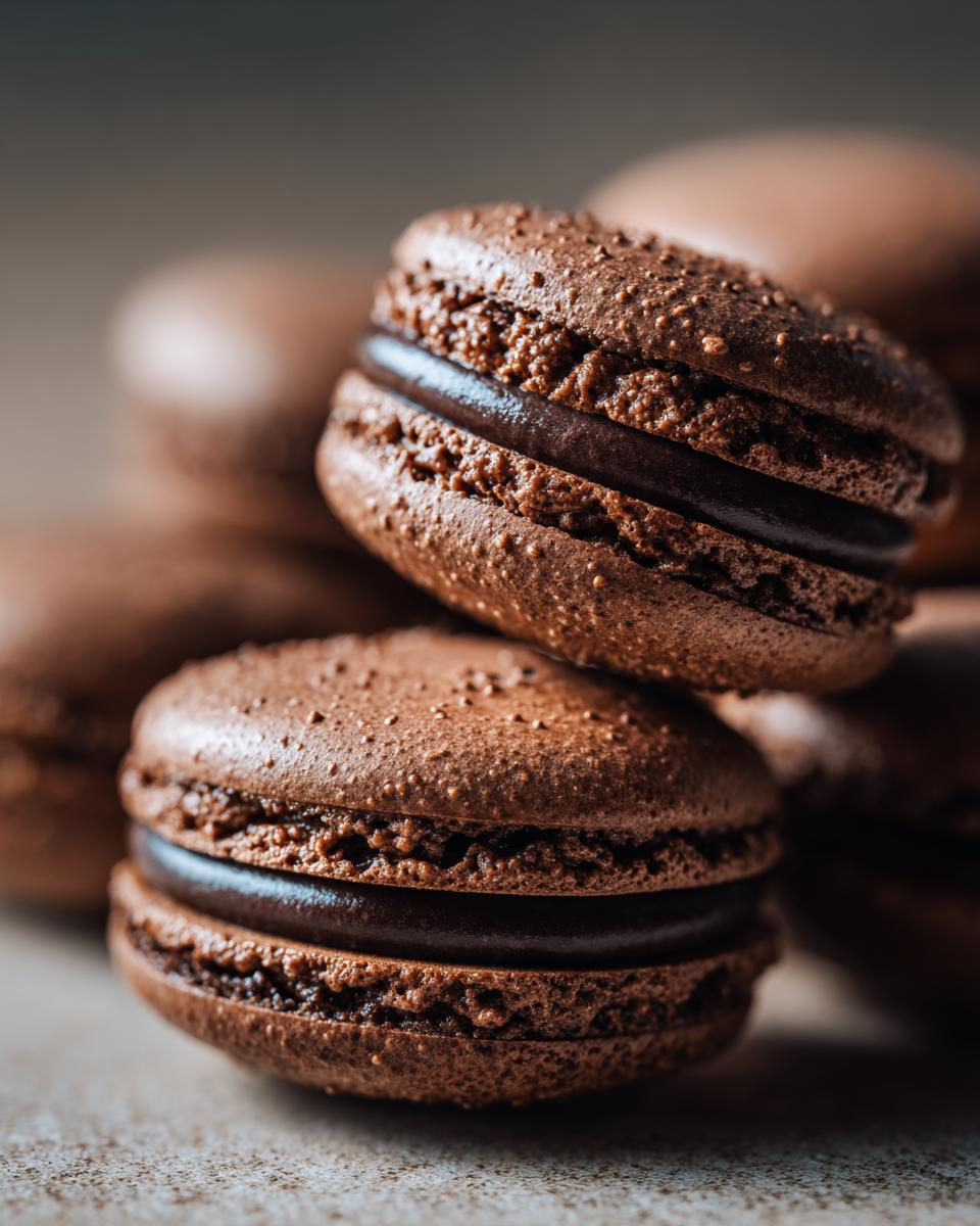Two stacked, rich brown chocolate macarons with dark chocolate ganache filling, showcasing their textured shells.