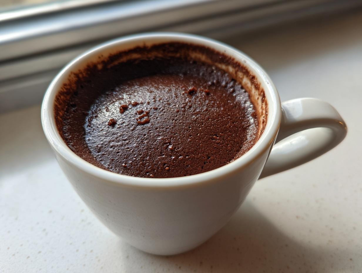 A close-up of rich, dark chocolate pudding served warm in a small white mug.