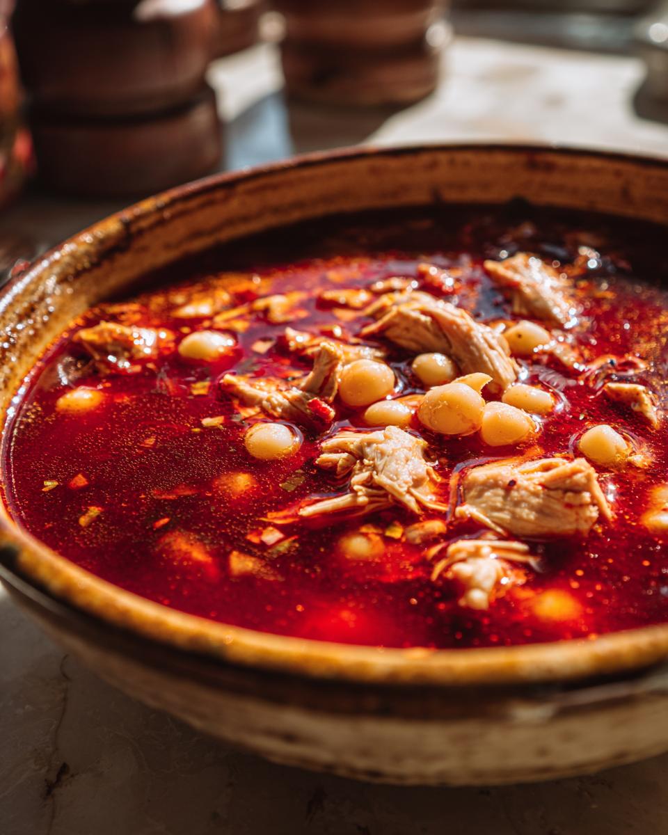 Close-up of a rustic bowl filled with vibrant red chicken pozole, showing shredded chicken and hominy kernels.