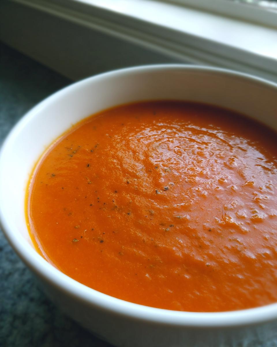 A close-up view of creamy, vibrant orange tomato basil soup speckled with herbs in a white bowl.