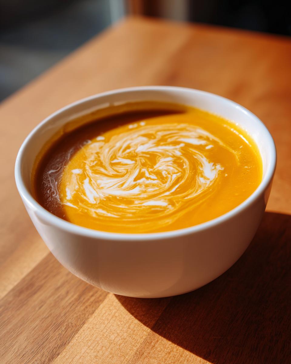A close-up of vibrant orange roasted butternut squash soup topped with a decorative swirl of cream.