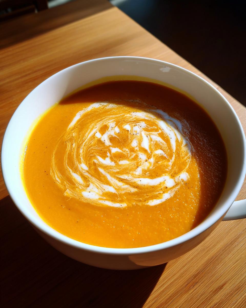 A close-up of vibrant orange roasted butternut squash soup, swirled with cream, served in a white bowl.