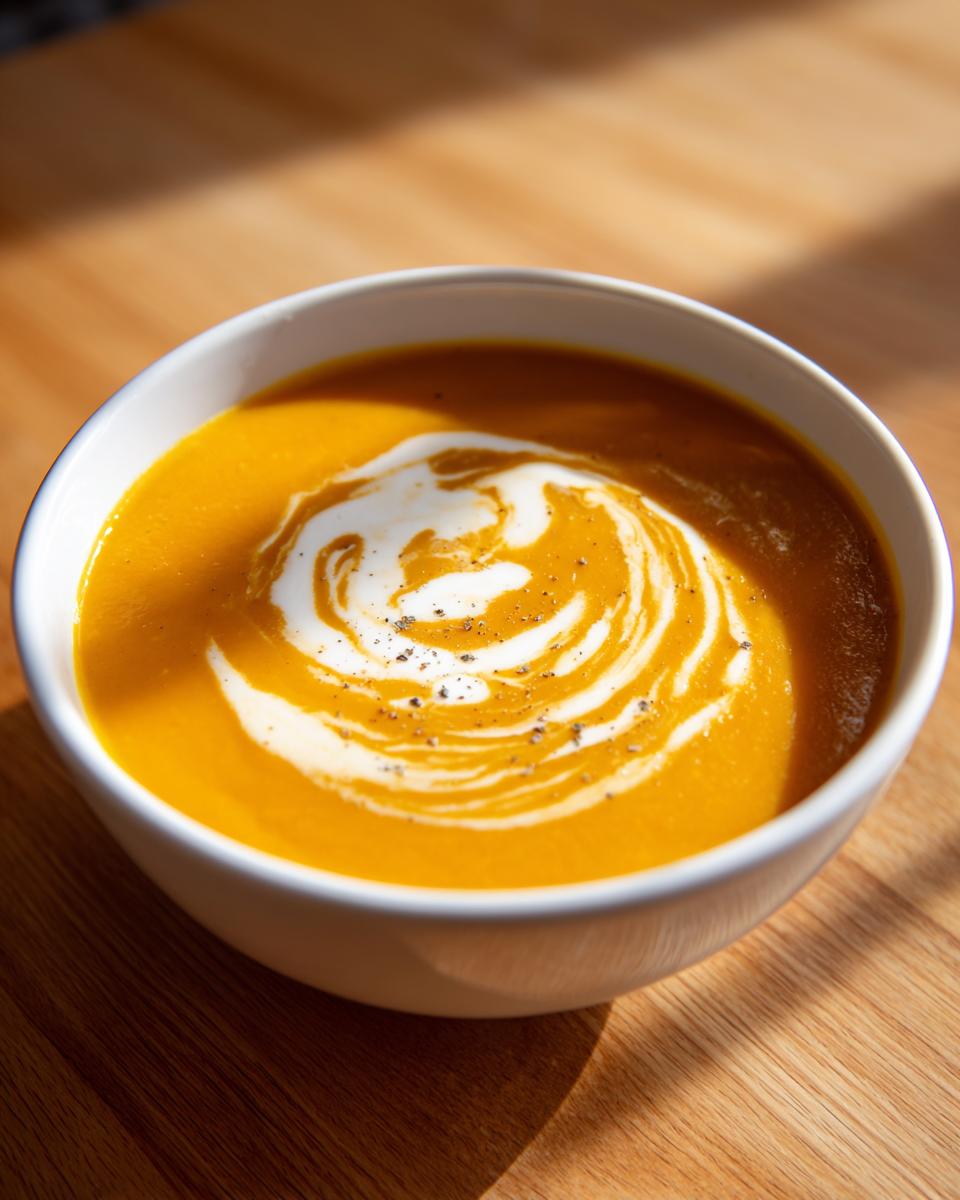 Close-up of vibrant orange roasted butternut squash soup topped with a cream swirl and black pepper.