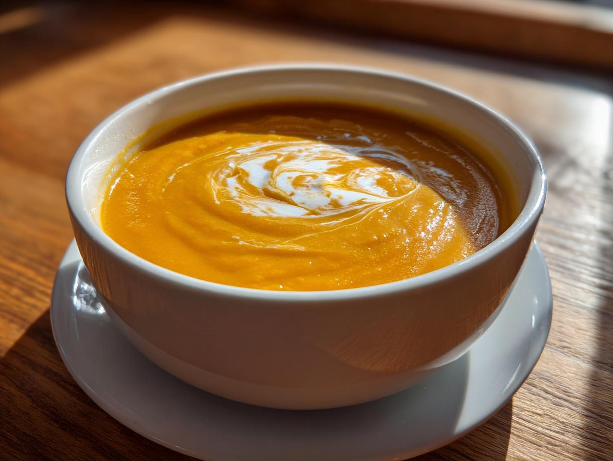Close-up of creamy roasted butternut squash soup topped with a swirl of cream.