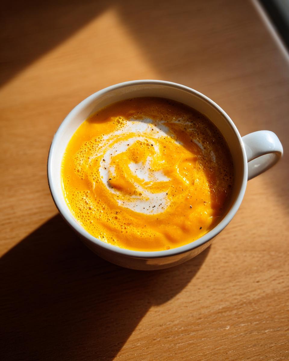 Close-up of bright orange roasted butternut squash soup topped with a swirl of cream and black pepper.
