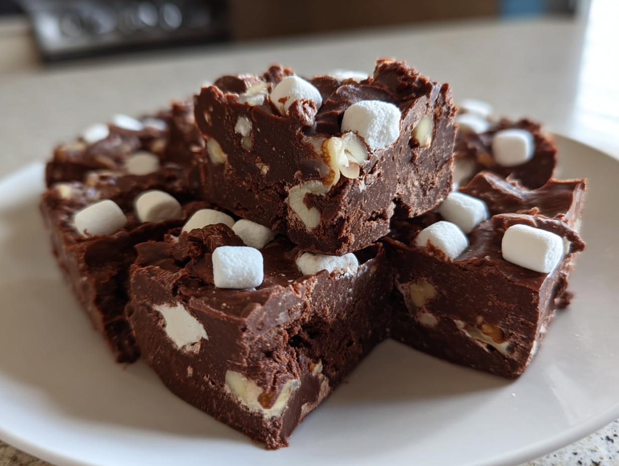Close-up of several thick squares of rich, dark rocky road fudge studded with white marshmallows and nuts.